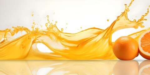 Wall Mural - Orange juice wave with yellow water splashes on white background. Concept Food Photography, Citrus Fruits, Summer Refreshment, Splash Art, Vibrant Colors