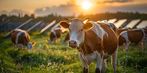 Wall Mural - Cows grazing in front of solar panels under the evening sun. Concept Agriculture, Renewable Energy, Sustainability, Livestock, Sunset