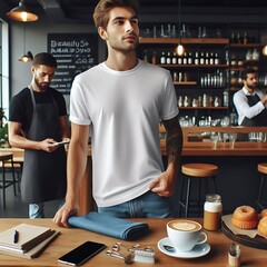 A man mockup t shirt white standing in a restaurant engaging high-quality realistic unique.