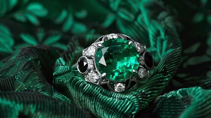 Wall Mural - Art Deco emerald and diamond ring, with black onyx accents, set in platinum and surrounded by white diamonds around the band, resting atop an intricate green velvet fabric