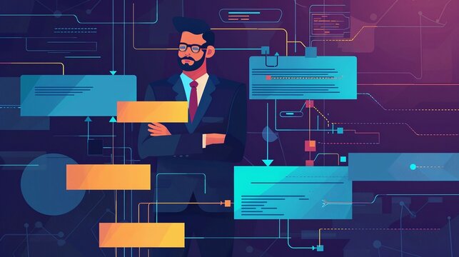 businessman design workflow automation with flowcharts. concept of model work structure digital, diagram algorithm flow, hierarchy scheme. business process and data management organigram