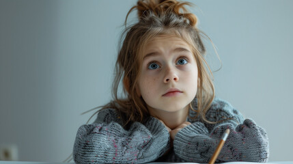 Wall Mural - 11-year old schoolgirl with surprised expression on her face is sitting at the desk