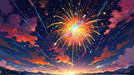 Anime art digital painting of a bright firework display