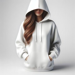 A woman wearing a white hoodie highquality unique optimized engaging professional informative.
