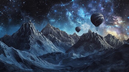 Wall Mural - Hot air balloons flying over a mountain range at night
