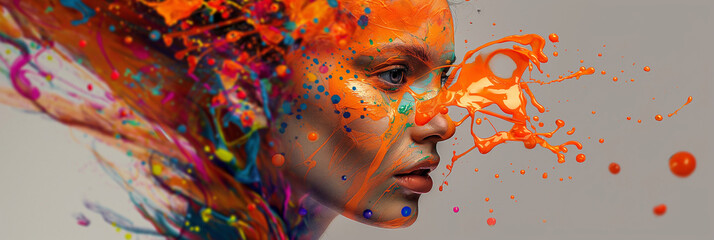 a beautiful woman with colorful paint splashes and swirls on her face, hyper realistic