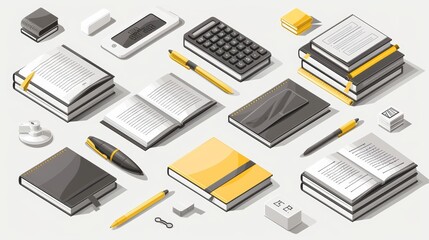 Isometric set of notebooks, pens, pencils, calculator and eraser for office or school supplies design