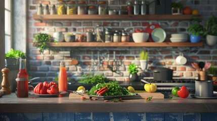 Kitchen countertop with fresh vegetables and spices for a healthy meal