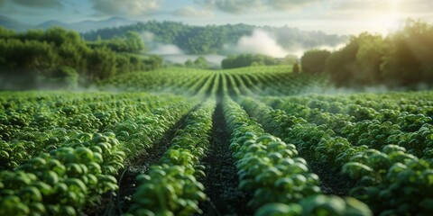 Wall Mural - A field of green plants with a cloudy sky in the background