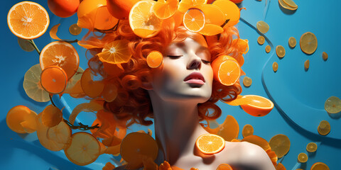 Woman oranges hair blue background