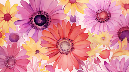 Wall Mural - Watercolor floral background, pink, yellow and red flowers