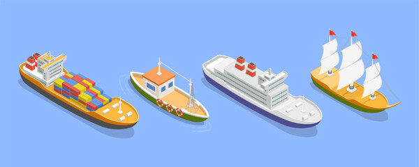 3D Isometric Flat Vector Set of Maritime Ships, Water Transportation Boats