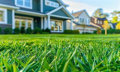 Wall Mural - A house with a green lawn and a white picket fence
