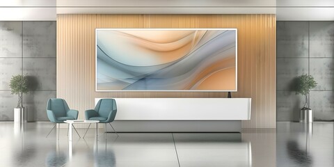 Wall Mural - Mockup of a blank white frame in a modern corporate office reception. Concept Corporate Spaces, Office Interior Design, Mockup Presentation, Minimalistic Design, Modern Office Environment