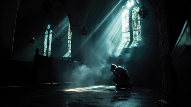 Sacred Moments. Solitary man praying in a sunlit church. Light streaming through the windows. 