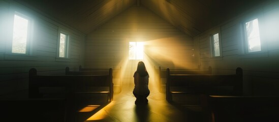 Wall Mural - Sacred Moments. Solitary woman sitting in a sunlit church. Light streaming through the windows. 