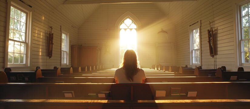 Sacred Moments. Solitary woman sitting in a sunlit church pew. Light streaming through the windows. 