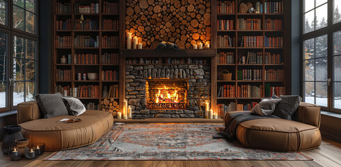 Living room interior design with fireplace, wooden floor, sofa and books shelfs. Created with Ai