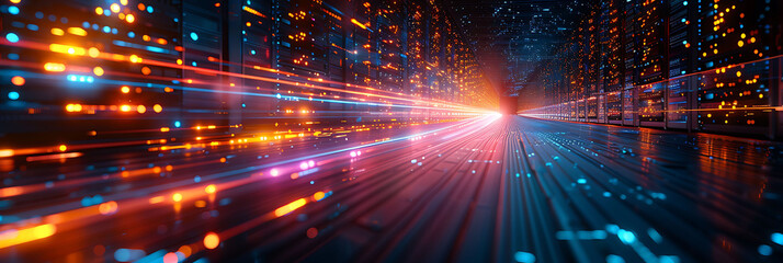 Wall Mural - abstract depiction of virtual servers with motion blur highlighting the dynamic and continuous data processing Long Exposure Photography and InBody Image Stabilization create a fluid energetic scene