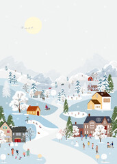 Wall Mural - Christmas Background,Winter city landscape people celebration on street in town with snow falling on tree,Vector Cute banner Happy Family,Children having fun in village at night on New Year Eve 2025