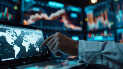 Leinwandbilder - A businessman analyzing stock market data on a tablet, with a background of graphs and charts representing market trends and fluctuations
