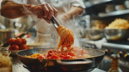 Poster - A chef tossing pasta with fresh tomato sauce in a bustling restaurant kitchen, creating a mouthwatering Italian dish