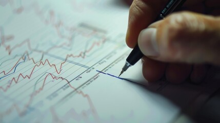 Fototapete - A close-up of a hand drawing trend lines and annotations on a financial graph, depicting analysis and forecasting