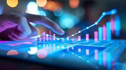 Leinwandbilder - A close-up of a hand pointing to a rising financial graph on a digital tablet, symbolizing financial growth and success