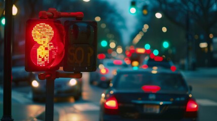 Poster - A close-up of a red traffic signal, indicating 