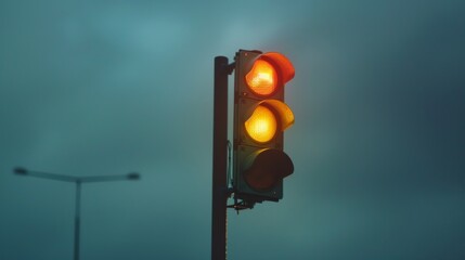 Fototapete - A close-up of a traffic light with an overcast sky in the background, symbolizing the predictability of traffic patterns