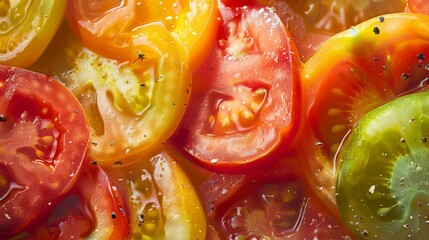 Wall Mural - A close-up of tomatoes being sliced for a salad, revealing the vibrant colors and juicy texture of this versatile fruit