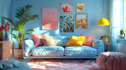 A colorful living room with a blue couch, yellow pillows, and a yellow lamp