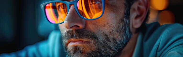 A close-up shot of an American man wearing blue-framed glasses, focused intently on his computer screen