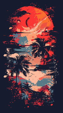 Tropical sunset with palm trees and sun. Vector illustration.