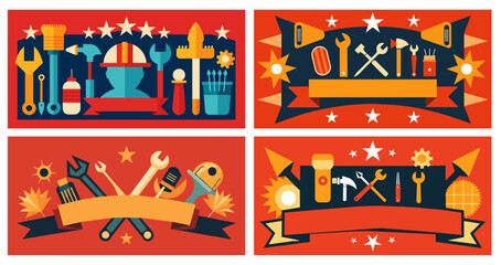 Vibrant collection of four labor day themed banners featuring construction tools and equipment. Ideal for honoring workers and celebrating the spirit of labor solidarity and achievements