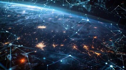 Poster - A global network of telecommunications infrastructure including satellites, towers, and fiber optic cables, enabling connectivity