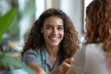 Poster - Two women at table: one with curly hair smiling