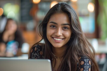 Sticker - Happy woman at cafe with laptop