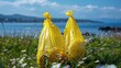 © alphaspirit - Yellow plastic bags polluting a scenic meadow with a lake and city in the background