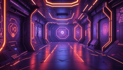 A futuristic, sci-fi corridor with glowing neon lights in shades of red, orange, and purple