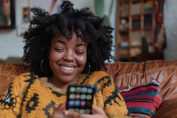 Sticker - Woman sits couch holds phone