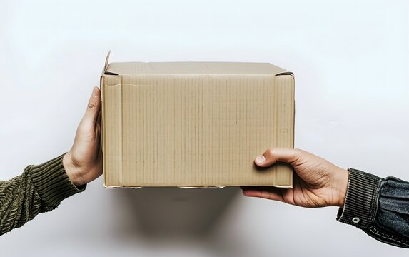 A person handing over an unbranded empty cardboard box to another individual symbolizing themes of non-monetary donation and charity concept