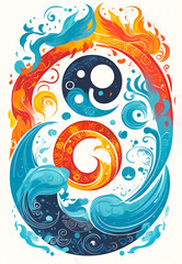 Wall Mural - Elements of fire and water embodied, depicting the balance of yin and yang, abstraction art style