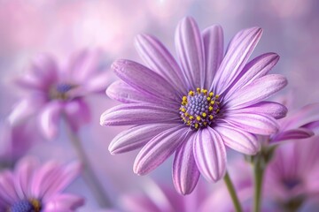 Poster - Vase of purple flowers with yellow centers on table