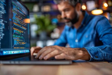 Wall Mural - Male in blue shirt typing on laptop