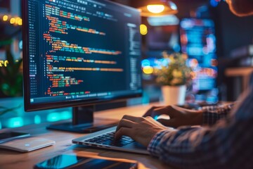 Wall Mural - Person typing on computer keyboard by monitor