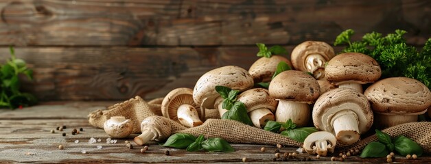 Wall Mural - Fresh Brown Mushrooms on a Rustic Wooden Table With Burlap and Herbs