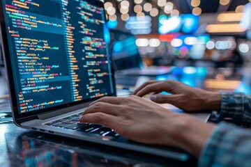 person typing on laptop with extensive code