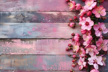 Canvas Print - Pink flower on wood with blue and pink backdrop