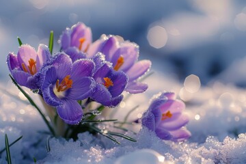 Wall Mural - Sunny day with purple flowers under snow